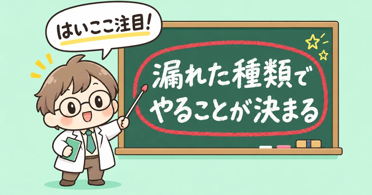 黒板に「漏れた種類で やることが決まる」と書いて、「はいここ注目!」と指し示す先生のイラスト
