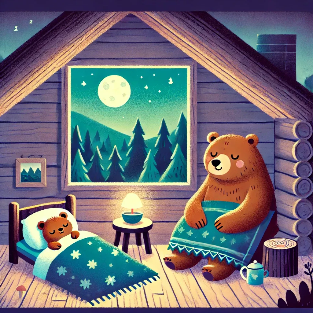 あたたかいおうちで家族と一緒に眠る子グマ