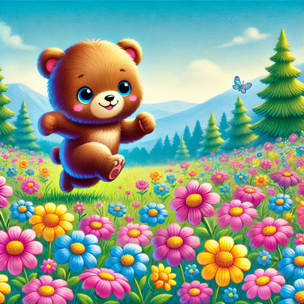 色とりどりのお花畑で嬉しそうに跳ね回る子グマ