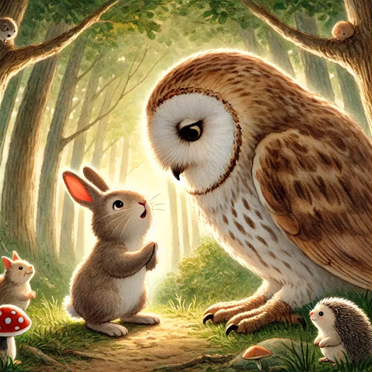 涙をこらえるピョンに、フクロウが「みんなで助けてあげるよ」と語りかける場面