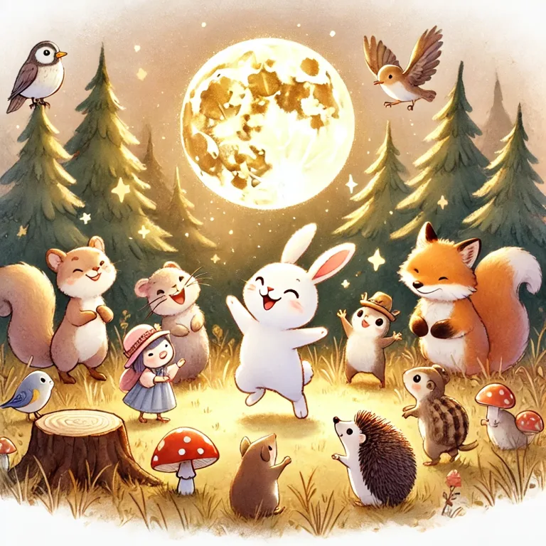お月さまの下で、ピョンと森の動物たちがお祝いをしている場面
