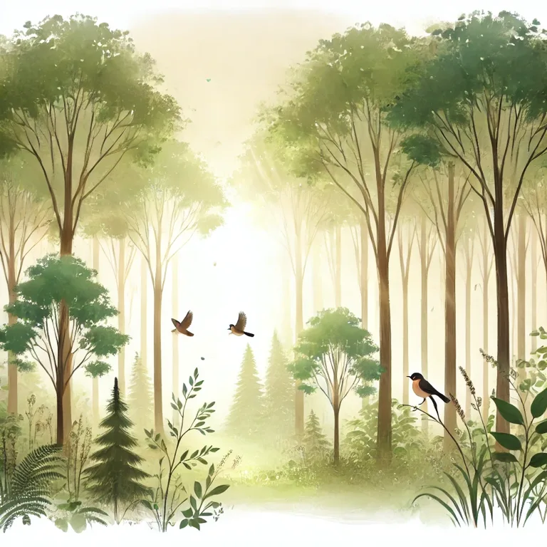 風にそよぐ木々と鳥たちに囲まれた、しずかな森の風景