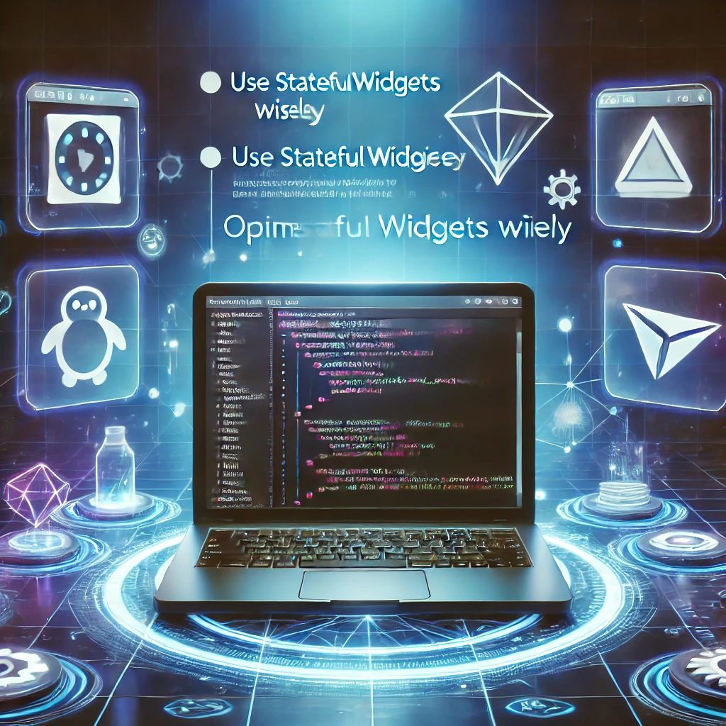 A futuristic digital workspace showcasing Flutter/Dart development tips. The scene features a sleek laptop with code snippets on the screen, surrounded by floating icons representing Dart programming, Flutter widgets, and debugging tools. A holographic interface displays tips such as 'Use StatefulWidgets wisely' and 'Optimize widget tree'. The background has a modern tech aesthetic with glowing blue and purple hues.